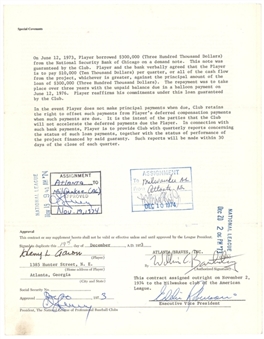 1974 Hank Aaron Signed Fully Executed Players Contract - Final Atlanta Braves Contract – Home Run #715 Season - Also Signed By Chub Feeney & Eddie Robinson (PSA/DNA)